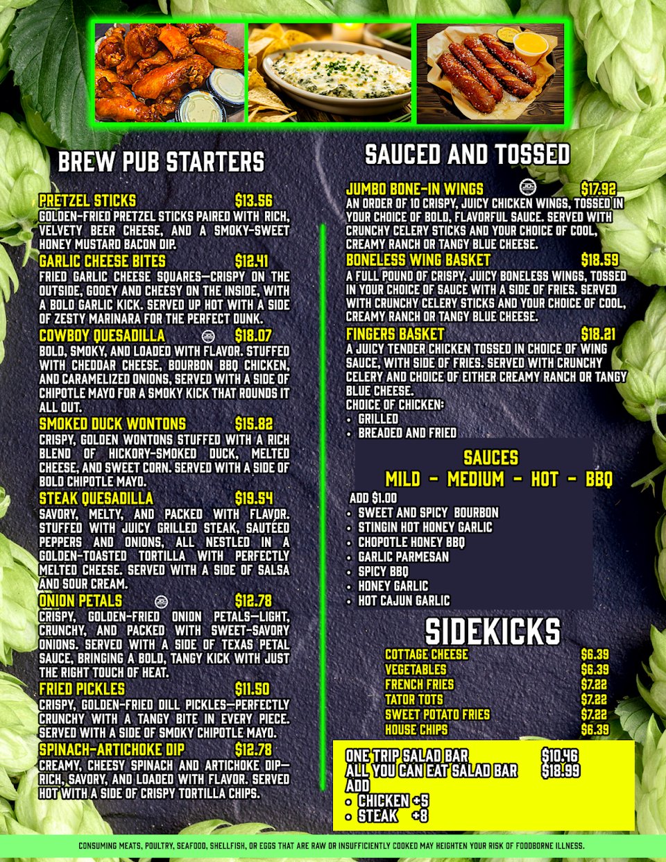 Printed menu page with pub starters and handhelds.