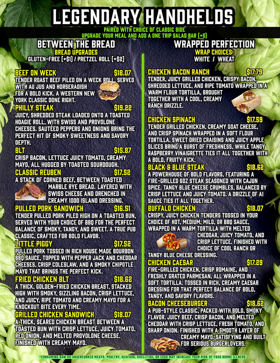 Menu layout showing burgers, wings, and sides.